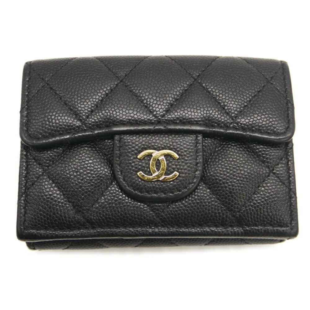CHANEL Authentic Black Caviar Leather Logo Wallet